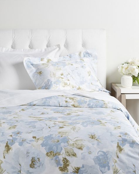 Sferra Caprio Duvet Collection Blue And White Bedroom Aesthetic, Blue Floral Bedding, Blue And White Comforter, Dorm Comforters, Fancy Bedroom, Ruffle Duvet Cover, Colorful Duvet Covers, Floral Bedroom, Blue Comforter