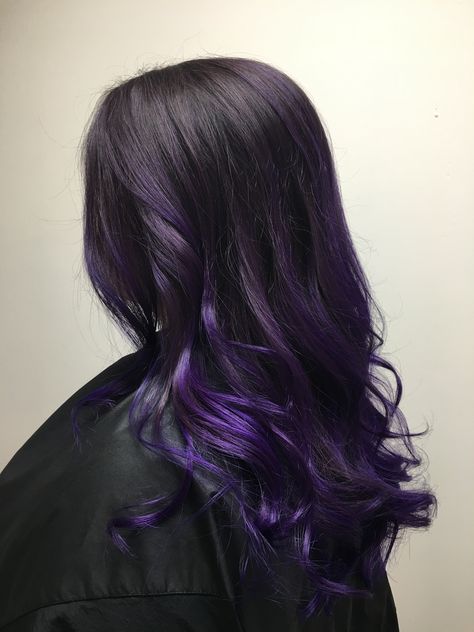 Dark Hair Purple Underneath, Hair Color Ideas For Brunettes With Purple Highlights, Purple Ombre Hair With Money Piece, Black And Purple Hair Extensions, Purple Melt Hair, Dark Purple On Black Hair, Black Hair With Dark Purple Underneath, Dark Purple Baylage Hair, Black Hair And Purple Highlights