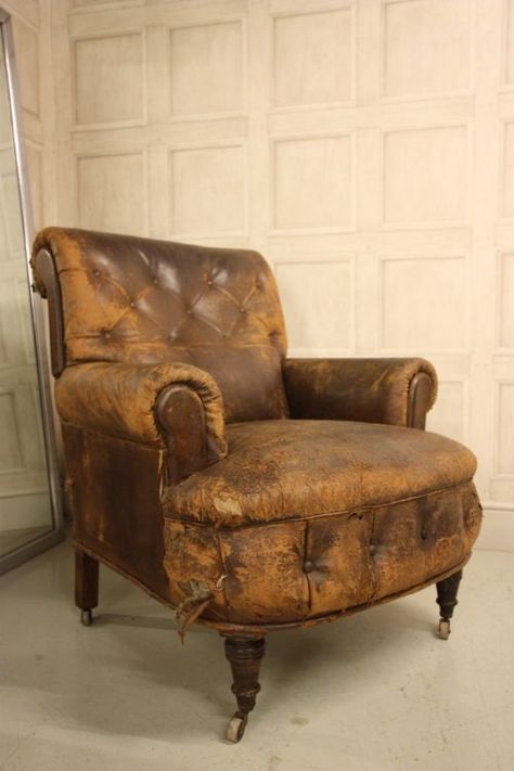 19th Century Antique Leather Armchair Cozy Arm Chair, Old Armchair, Vintage Leather Chairs, Vintage Office Chair, Brown Leather Chairs, Leather Wingback, Miniature Chair, Comfortable Armchair, Leather Chairs