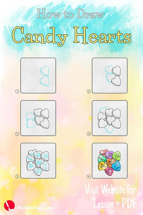 Step by step images demonstrating  How to Draw Candy Hearts - A Drawing Lesson for Kids! Candy Hearts Drawing, Hearts Drawing, Calendar Doodles, Snoopy Drawing, Candy Drawing, Valentines Candy, Drawing Lessons For Kids, Easy Cartoon Drawings, Heart Drawing