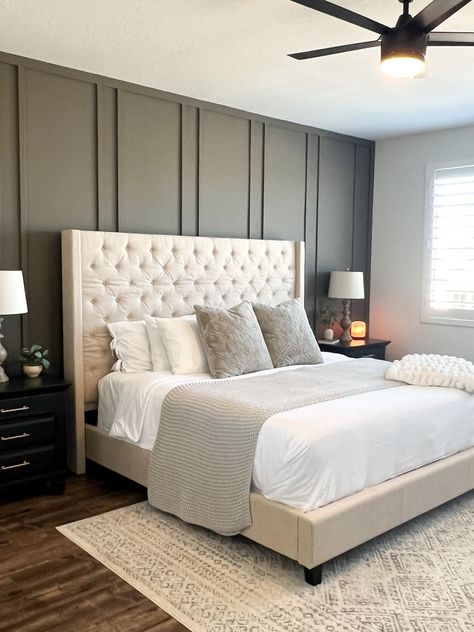 Upholstered Headboard Farmhouse Master Bedrooms, Primary Bedroom Platform Bed, Beige Fabric Headboard Bedroom Ideas, Beige Apolstered Bed Decor, Bed Frames Upholstered, High Upholstered Headboard, Beige King Bed Decor, Tufted King Bed Frame, Beige Bed Headboard