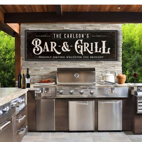 ★ For use under a covered patio or awning, not direct weather elements. ★ Bar & Grill Sign - Back Patio Bar Decor - Home Bar Wall - Grilling Name Signs Thank you for visiting Crown & Oak Design Co. ➤ Click here for all products https://www.etsy.com/shop/CrownAndOakDesignCo ➤ How To Order: Please select size, product type and add personalization (if required) in the text box above. ★ Note: Any customization beyond what is required specific to the design is subject to an additional design fee. Thi Logos, Rustic Backyard Patio, Patio Wall Decor Outdoor, Patio Wall Decor, Outside Grill, Grill Sign, Outdoor Grill Station, Patio Plans, Rustic Backyard