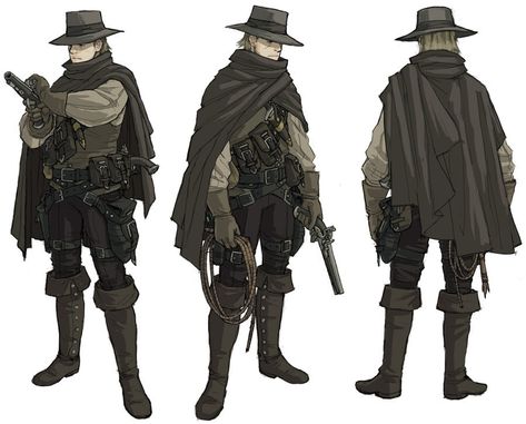 Cowboy Vampire Hunter, Western Outfit Design, Bounty Hunter Outfit Design, Wild West Reference, Wild West Era Fashion, Wild West Vampire, Western Bounty Hunter Character Design, Vampire Hunter Outfit Male, Wild West Character Design Male