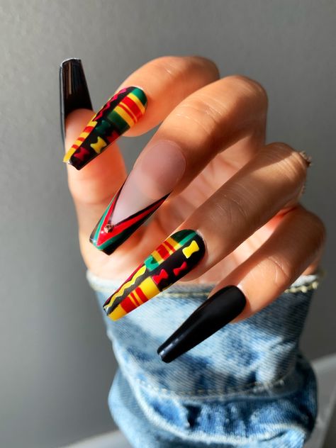 Trendy nails, Juneteenth nails, Black girl nails, African Print Nails, Born Noir Nails Cuffin Nails, Jamaica Nails, Rasta Nails, Happy Juneteenth, Fingernails Painted, Multicolored Nails, Nails Inspired, Nails Design With Rhinestones, Glow Nails