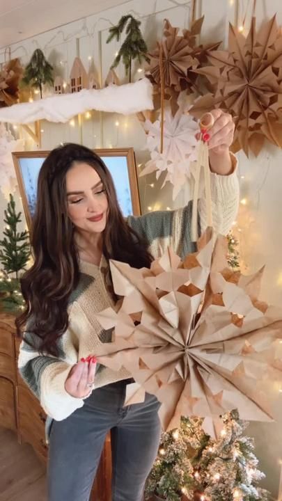 Ashley Hughes on TikTok Decorating With Paper Snowflakes, Brown Paper Snowflakes, Lunch Bag Snowflakes Brown Paper, Brown Paper Christmas Decorations, Brown Paper Bag Snowflakes, Lunch Bag Snowflakes, Giant Paper Snowflakes, Yule Party, Ashley Hughes