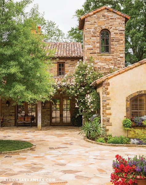 rustic luxury home in Arkansas.  stone, tile roof.  home accents, lighting, and draperies for this style at DesignNaSHVILLE.COM Rustic Farmhouse Exterior, Rustic Italian Decor, Italian Style Home, Tuscan Farmhouse, Italian Farmhouse, Farmhouse Exterior Design, Tuscan Design, Exterior Modern, Rustic Italian