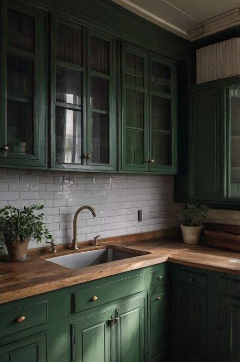 Studio Green Kitchen Cabinets, Dark Green Kitchen Wood Counter, Deep Green Cabinet, Green Kitchen Cabinets Aesthetic, Sage Green And Wood Kitchen Cabinets, Green Kitchen Aesthetic Vintage, Olive Green And Grey Kitchen, Kitchen Ideas Dark Green Cabinets, Kitchen Green Black