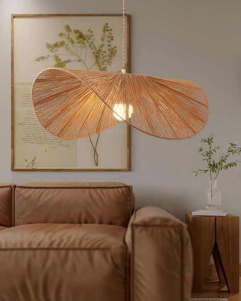 This lighting rattan lighting fixture is such a bold statement piece and totally adds character to any space. 💬 #StatementPiece #InteriorDesign Hat Pendant Light, Bungalow Interior, Floppy Straw Hat, Rattan Lamp, Bamboo Pendant Light, Energy Efficient Design, Hanging Ceiling Lights, Hemp Rope, Kitchen Pendant Lighting