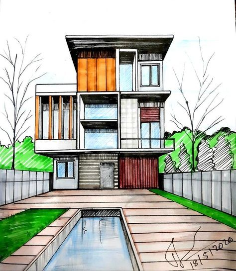 Dream House Architecture Drawing, Modern House Sketch Architecture, Sketch House Architecture, One Point Perspective House, House Design Drawing Sketch, House Design Sketch, House Sketch Architecture, Dream House Sketch, Buildings Sketch Architecture