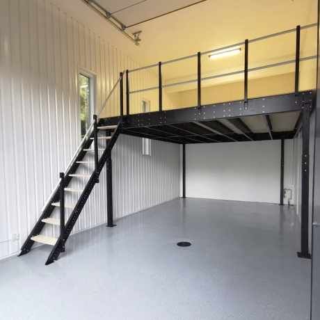 Large – Tecrostar Gallery Shed Mezzanine Ideas, Mezzanine Office Design, House With Mezzanine, Loft House Ideas, Shed Homes Ideas, Casa Open Space, Asma Kat, Gallery Show, Garage Loft