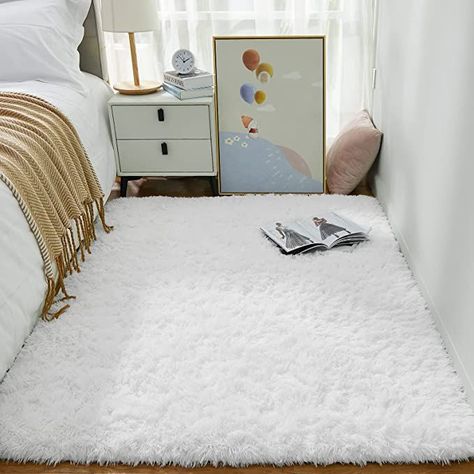 Rugs for Bedroom Fluffy, Fuzzy Shag Plush Soft Shaggy Bedside Area Rug, Indoor Floor Living Room Carpet for Girls Kids Baby Teen Dorm Home Decor Aesthetic. #rugs#homedecoraesthetics White Rug Bedroom, White Fluffy Rug, Ivory Living Room, Minimalist Dorm, Area Rugs For Bedroom, Fuzzy Rug, Carpets For Kids, Home Decor Aesthetic, Rugs For Bedroom