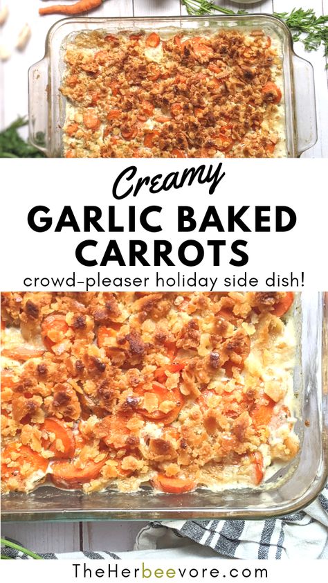 Creamy Carrot Casserole Recipe (Vegetarian/Vegan Holiday Side Dish) Thanksgiving Sidedish, Carrot Recipes Side Dishes, Carrot Casserole, Garlic Carrots, Easy Holiday Side Dishes, Carrots Side Dish, Cookout Side Dishes, Holiday Side Dish, Harvest Celebration