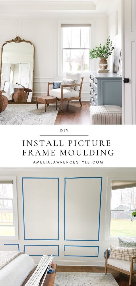 Picture Frame Entry Way, Trim On Living Room Walls, Diy Wall Moulding Bedroom, Picture Frame Wainscoting Wall, Wainscoting Picture Wall, Picture Molding On Walls With Windows, Picture Frame Molding Wood Trim, Picture Frame Trim Bedroom, Molding On Wall With Window