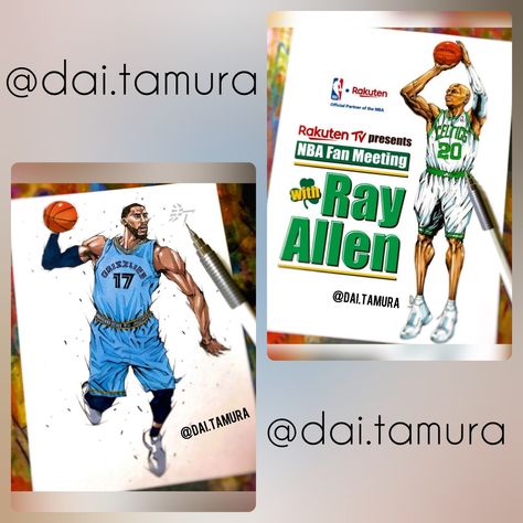 Artist: @dai.tamura Dai Tamura, Ray Allen, Charcoal Portraits, Markers, Pencil, Pastel, Baseball Cards, Quick Saves