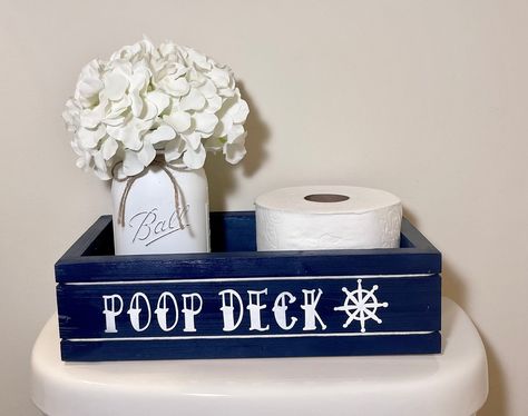 Bathroom Storage Wood, Lighthouse Bathroom, Navy Bathroom Decor, Nautical Decor Diy, Poop Deck, Ocean Bathroom, Coastal Bathroom Decor, Navy Bathroom, Wood Toilet