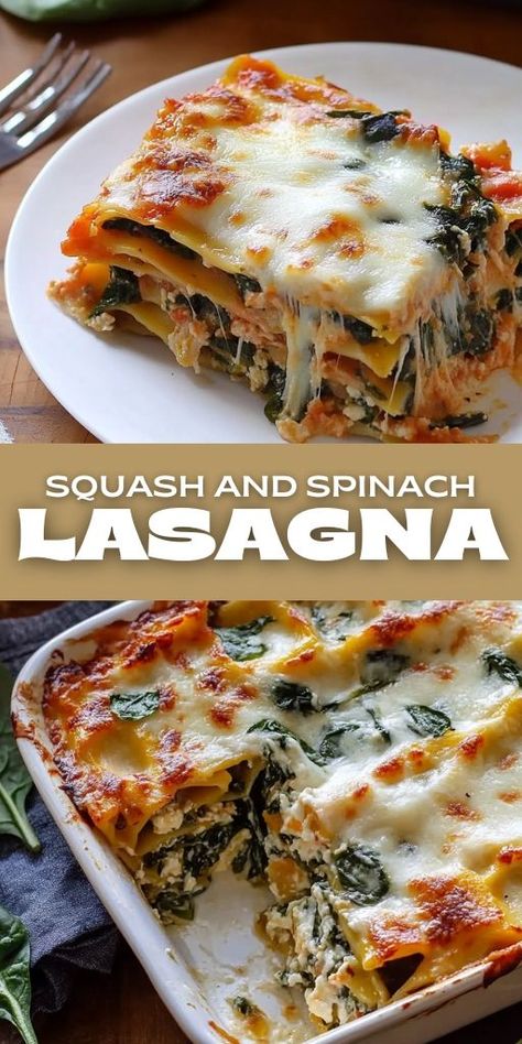 Enjoy a hearty and healthy twist on an Italian classic with this Squash and Spinach Lasagna! 🍂🥬 Layers of creamy squash, fresh spinach, and cheesy goodness make this vegetarian lasagna perfect for weeknight dinners or a cozy weekend meal. Packed with nutrients and flavor, it's a great way to sneak in more veggies while indulging in comfort food! 👉 Save this Pin and make your next lasagna extra special! #VegetarianLasagna #SquashAndSpinach #HealthyLasagna #ComfortFood #EasyDinnerIdeas Creamy Veggie Lasagna, Pumpkin Spinach Lasagna, Roasted Butternut Squash And Spinach Lasagna, Spaghetti Squash Lasagna Recipes, Butternut Squash Spinach Lasagna, Mediterranean Lasagna Recipe, Lasagna With Spinach And Meat, Fall Lasagna, Spinach Meals