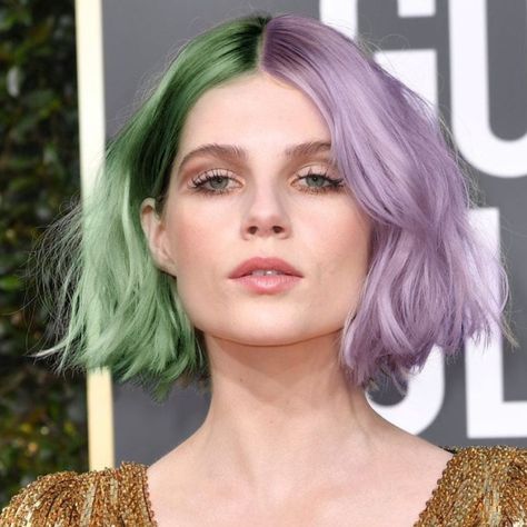 Half Green Half Purple Hair, Purple And Green Hair Short, Split Dye Short Hair, Green Hair Character, Purple And Green Hair, Dyed Hairstyles, Short Purple Hair, Airy Fairy, Two Color Hair