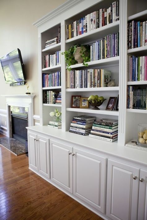 Library Storage Cabinet - Foter Book Shelves With Cabinets Below, Books On Built Ins, Living Room Cabinet Hardware, White Library Shelves, Partial Wall Built Ins, Bookshelf With Cupboards, Built In Book Shelves Living Room, Book Cabinet Design, Book Shelves In Living Room