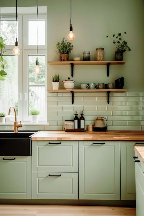 20+ Refreshing Green Kitchen Ideas to Bring Nature to Your House - Home Made Graceful Olive Kitchen Walls, Sage Green Backsplash Kitchen, Sage Green And Black Kitchen, Green Cabinets With Butcher Block, Light Green Kitchen Walls, Black And Cream Kitchen, Gray Color Schemes, Sage Green Kitchen Walls, Chic Kitchen Ideas