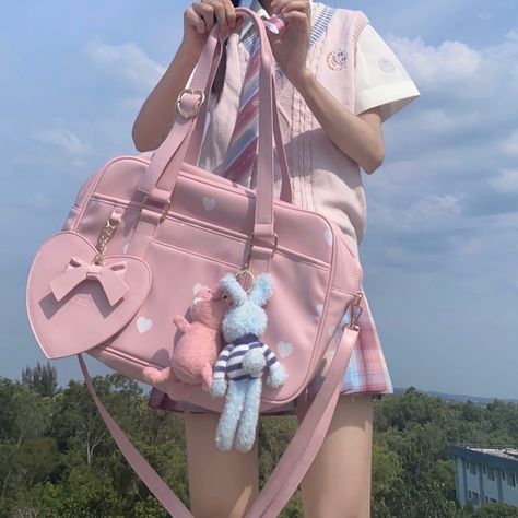 Kawaii Messenger Bag, Back To School Pink Aesthetic, Cute Pink School Bag, Cute Bags Aesthetic, Messenger Bag Aesthetic, Street Style Harajuku, Kawaii School Bag, Cute Pink Bag, Pink Messenger Bag