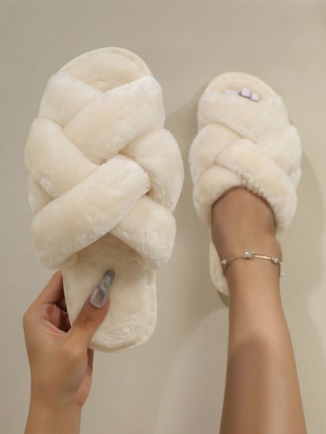 White Fashionable Collar   Plain Bedroom Slippers Embellished   Women Shoes Plain Bedroom, Trendy Slippers, Fluffy Shoes, White Slippers, Bedroom Slippers, Cute Slippers, Soft Slippers, Fashion Slippers, Warm Shoes