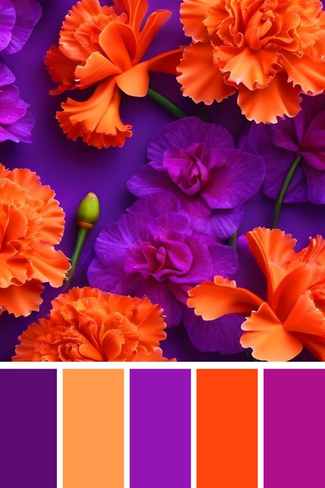 A striking combination of deep purples and vibrant oranges, blending seamlessly to create a bold and energetic palette. The purple tones add a sense of mystery and depth, while the bright oranges bring warmth and vibrancy, making the palette both dramatic and visually captivating. Purple Orange Black Color Palette, Purple Green And Orange Aesthetic, Purple And Red Colour Palette, Purple Orange Branding, Purple Orange Color Palette, Energetic Color Palette, Orange And Purple Aesthetic, Purple And Orange Aesthetic, Purple And Orange Color Palette