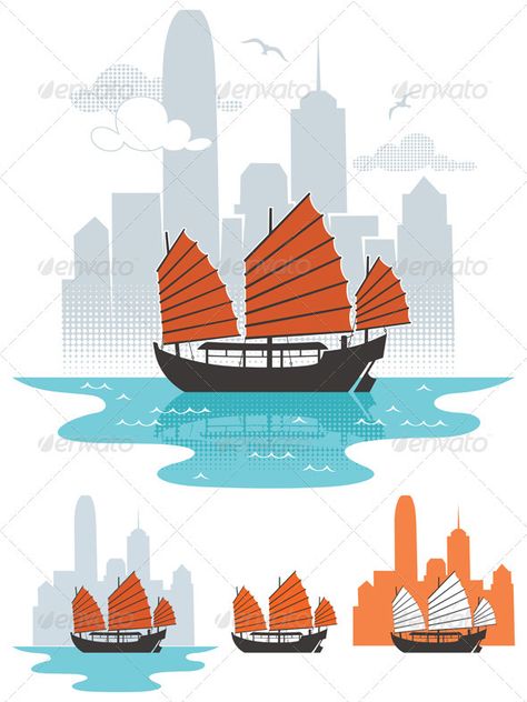 Junk Boat, Hong Kong Art, Boat Illustration, Las Vegas Hotels, Sumi E, Free Vector Art, Cartoon Illustration, Free Vector Images, Skyscraper