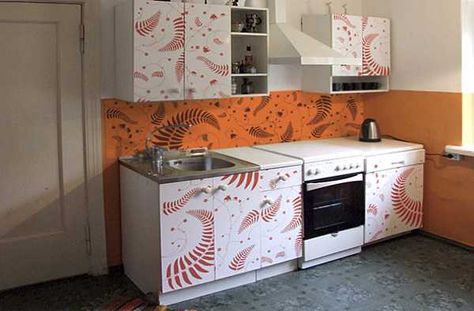 Vinyl stickers are amazing modern kitchen decor ideas, beautiful home appliances, walls and kitchen cabinets doors decorations Orange Painted Walls, Discount Cabinets, Kitchen Secrets, Interior Design Degree, Kitchen Decals, Cheap Kitchen Decor, Kitchen Cupboard Doors, Update Cabinets, Refacing Kitchen Cabinets