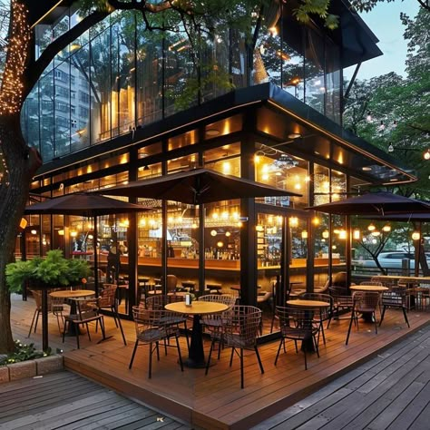 Restaurant Deck Ideas, High End Coffee Shop, Resto Bar Design Ideas, Outdoor Coffee Shop, Cozy Cafe Interior, Rooftop Restaurant Design, Restaurant Exterior Design, Resto Bar, Bistro Design