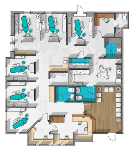 Dental clinic floor plan rendering on Behance Hospital Floor Plan, Chiropractic Office Design, Deco Spa, Medical Clinic Design, Hospital Design Architecture, Plan Rendering, Studio Medico, Dentist Office Design, Rendered Floor Plan