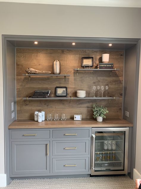 Butler Pantry With Floating Shelves, Rec Room Storage Ideas Built Ins, Wine Cabinet Ideas Built Ins Wet Bars, Beverage Station Wall, Small Bars For Basements, Wet Bar Wood Countertop, Small Wet Bar Ideas Basement, Grey Cabinets Wood Countertops, Dry Bar Basement Ideas