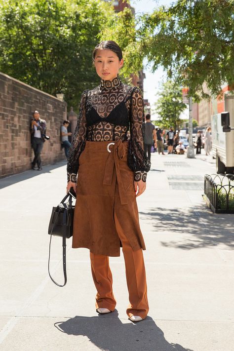 New York Fashion Week, Day 2 Skirt Over Pants, Margaret Zhang, Dress Over Pants, Slim Fit Skirts, Blogger Street Style, New York Fashion Week Street Style, Nyfw Street Style, Popsugar Fashion, Layered Fashion