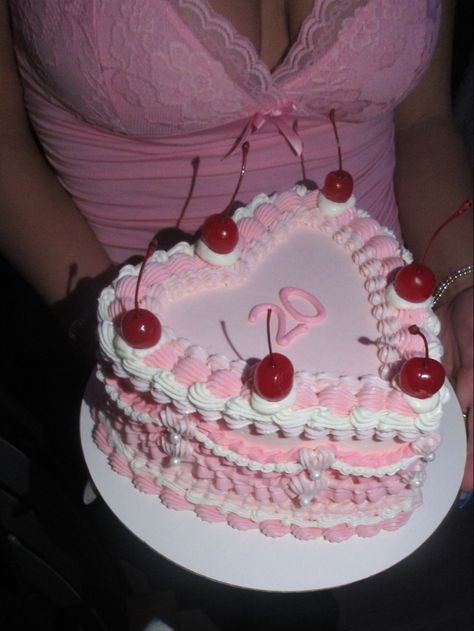 Pink cake vintage decoration teenage 21 birthday cherry pretty cake Vintage 20th Birthday Cake, Birthday Cake Cherry Decoration, Heart Birthday Cake With Cherries, Vintage Heart Cake With Cherries, 20th Birthday Pink Theme, Pink 20 Birthday Cake, Pink Cherry Birthday Cake, Plain Pink Birthday Cake, Heart Shaped Cherry Cake