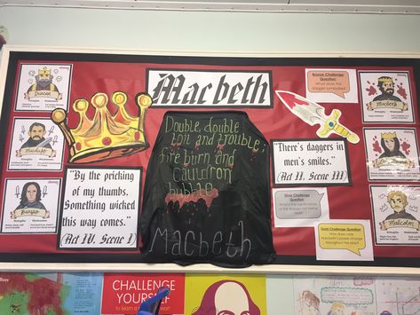 Macbeth Bulletin Board, English Literature Exhibition Ideas, Macbeth Classroom Display, English Room Decor School, Macbeth Display, Classroom Bulletin Boards High School, Classroom Displays Secondary, English Literature Classroom, English Bulletin Boards