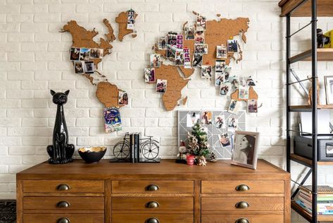 Cork World Map, Cork Map, Cork Board Wall, Pin World Map, Push Pin World Map, Display Family Photos, Push Pin Map, Wood Map, World Map Wall Art