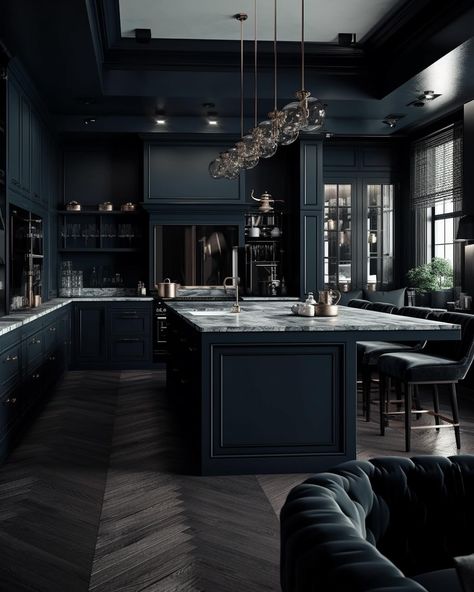 A beautiful navy Manhattan apartment design concepts ✨🖤 We design spaces for clients worldwide, find out more on our website, link in bio! #interiordesign #interior Navy Interior Design, Modern Dark Kitchen, Dark Home Aesthetic, Dark Blue Houses, Dark Blue Kitchens, Dark Living Rooms, Black Interior Design, Manhattan Apartment, Dream Kitchens Design