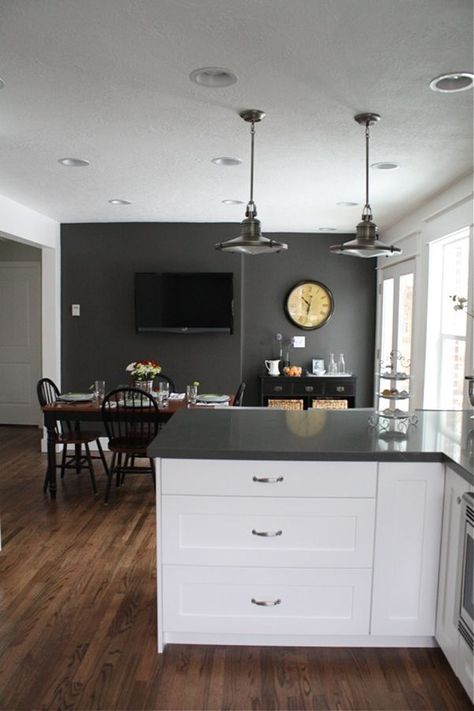 Like this "shorter" end with just the drawers and workspace.  Also like the wall, floor, cabinet colors. Gray Accent Wall Kitchen, Yellow Kitchen Cabinets, Grey Kitchen Colors, Grey Kitchen Walls, Accent Wall In Kitchen, Dark Accent Walls, Charcoal Walls, White Cupboards, Grey Accent Wall