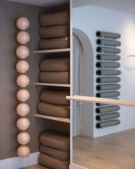 nue|ground wellness studio (@nuegroundstudio) • Instagram photos and videos Pilates Props Storage, Yoga Studio Shelves, Yoga Studio Prop Storage, Pilates Equipment Storage, Yoga Studio Storage, Pilates Studio Aesthetic, Chin Stand, Wellness Decor, Studio Aesthetics