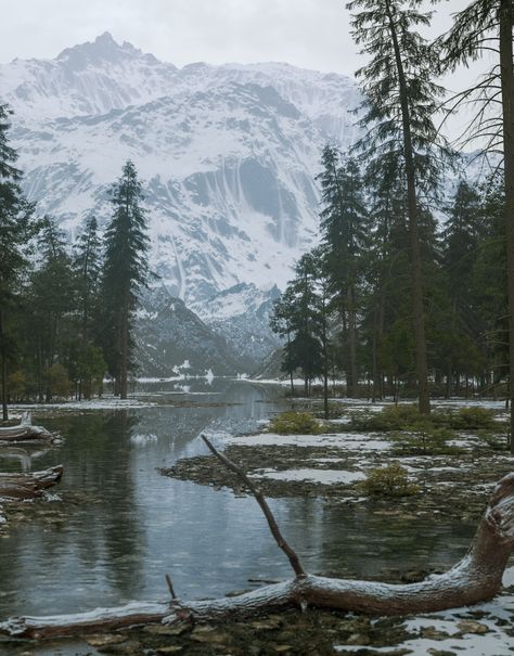 ArtStation - Rocky Mountain Stream Nature, Landscape Snow Photography, Rocky Mountain Gothic, Cold Mountain Aesthetic, Rocky Mountain Aesthetic, Snowy Landscape Photography, Mountain Village Aesthetic, Rocky Mountains Aesthetic, Snowy Mountain Aesthetic