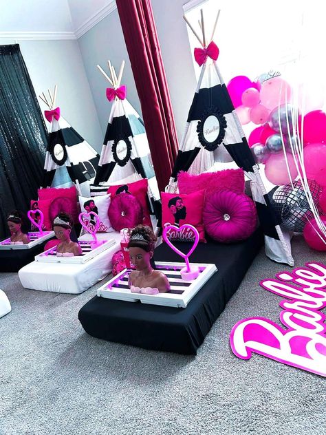 Winter Barbie Birthday Party, Black Barbie Party, 5th Birthday Barbie Theme, Barbie 7th Birthday Party, Barbie Party Decorations Ideas Daughters, Black Barbie Birthday Party, Fourth Birthday Party Barbie, Barbie Sleepover Tents, Black Barbie 5th Birthday Party