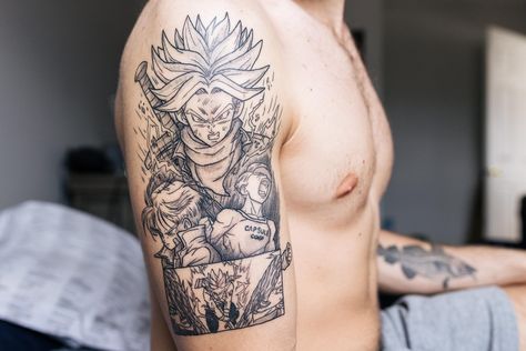 Future Trunks Tattoo Design, Future Trunks Tattoo, Trunks Tattoo Ideas, Trunk Tattoo, Trunks Tattoo, Trunks Manga, Future Trunks Dbz, Dragon Ball Z Tattoos, Dragon Ball Tattoos