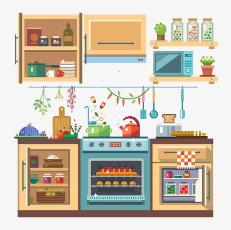 Kitchen Clipart, Cooking Icon, Garden Illustration, Flat Ideas, Cozy Kitchen, Color Vector, Paper Houses, Flat Illustration, Food Illustrations