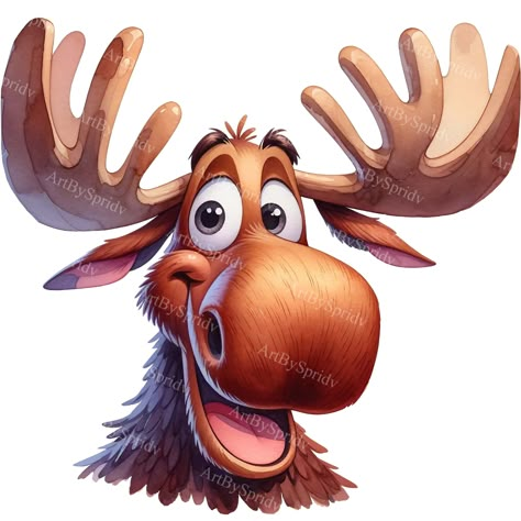 Watercolor Moose, Moose Cartoon, Cartoon Moose, Moose Pictures, Head Clipart, Funny Moose, Animal Caricature, Moose Head, Whimsical Art Paintings