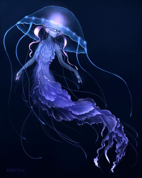 Fantasy Underwater Creatures, Jellyfish Mermaid Art, Water Creatures Drawing, Underwater Creatures Drawing, Drawing Sea Monsters, Water Creatures Art, Creepy Mermaid Art, Water Creatures Mythical, Underwater Creatures Art