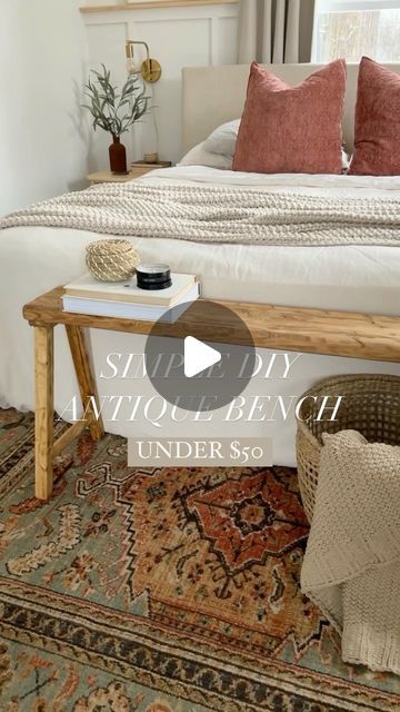 Erika | The Happy Home Project on Instagram: "simple diy skinny bench under $50!  our master bedroom needed just a ✨lil somethin✨ for at the end of the bed. i’ve seen some beautiful bedroom inspo with these wooden skinny benches. however, i wasn’t looking to spend $150+ on one online, so i was determined (of course) to make one of my own.  materials needed:  + 2x8 construction lumber + 2x2 furring strip + 1x3 + 1x2 (for optional brace. i used scrap wood we had laying around) + screws + nail gun (for optional brace) + your choice of tools to “age the wood” + electric sander + wood stain (i used Puritan Pine by @minwaxusa) + brush for stain  this was a very simple project that was easily finished in just one afternoon! this could also be easily done with scrap pieces of wood from around your Bed Bench Diy, Diy End Of Bed Bench, Bedroom Bench Ideas, Dyi Bench, Wooden Bench Diy, Small Space Inspiration, Diy Wood Bench, Daycare Decor, Simple Benches