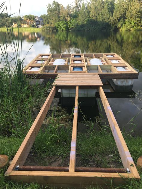 How To Build A Floating Dock, Backyard Pond Deck Ideas, How To Build A Dock On A Pond, Dam Jetty Ideas, Floating Lake Dock Ideas, Diy Pond Dock, Floating Dock Ideas Lakeside, Pond Dock Ideas Decks, Small Pond Dock Ideas