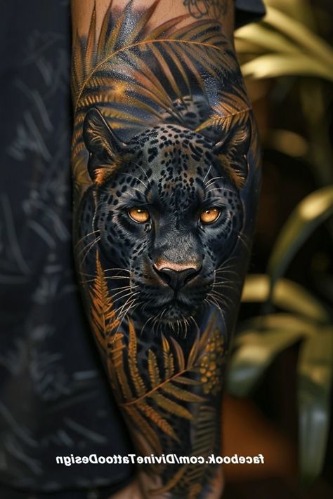 Big Cat Tattoo Sleeve, Feminine Black Panther Tattoo, Black Panther Tattoo Men, Black Panther Tattoo For Women, Black Panther Tattoo Ideas, Panther Tattoo For Women, Black Jaguar Tattoo, Rainforest Tattoo, Camino Tattoo