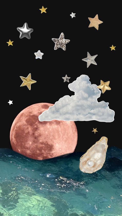 A sky full of stars and a big red moon setting over the ocean. A fluffy cloud covers part of the moon. In the front there is an oyster with a shiny white pearl. Phone Backgrounds, Night Mode Wallpaper, Night Mode, A N Wallpaper, A Wallpaper, Sleep Tight, Phone Background, Starry Sky, Aesthetic Wallpapers