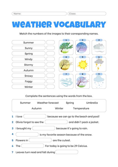 Blue White Simple Weather Vocabulary Worksheet - Templates by Canva Weather Worksheets, Weather Vocabulary, Weather Science, Free Homeschool Curriculum, English Language Course, English Speaking Skills, Going To Rain, English Lessons For Kids, Free Homeschool