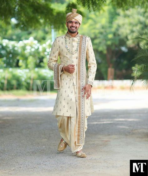 Dhoti Sherwani Wedding For Men, Dhoti Kurta For Men Indian Weddings, Groom Suits For Wedding Indian, Marriage Dress For Men, Bridegroom Outfits, Groom Indian Wedding Outfits, Indian Wedding Suits Men, Indian Groom Dress, Indian Wedding Clothes For Men